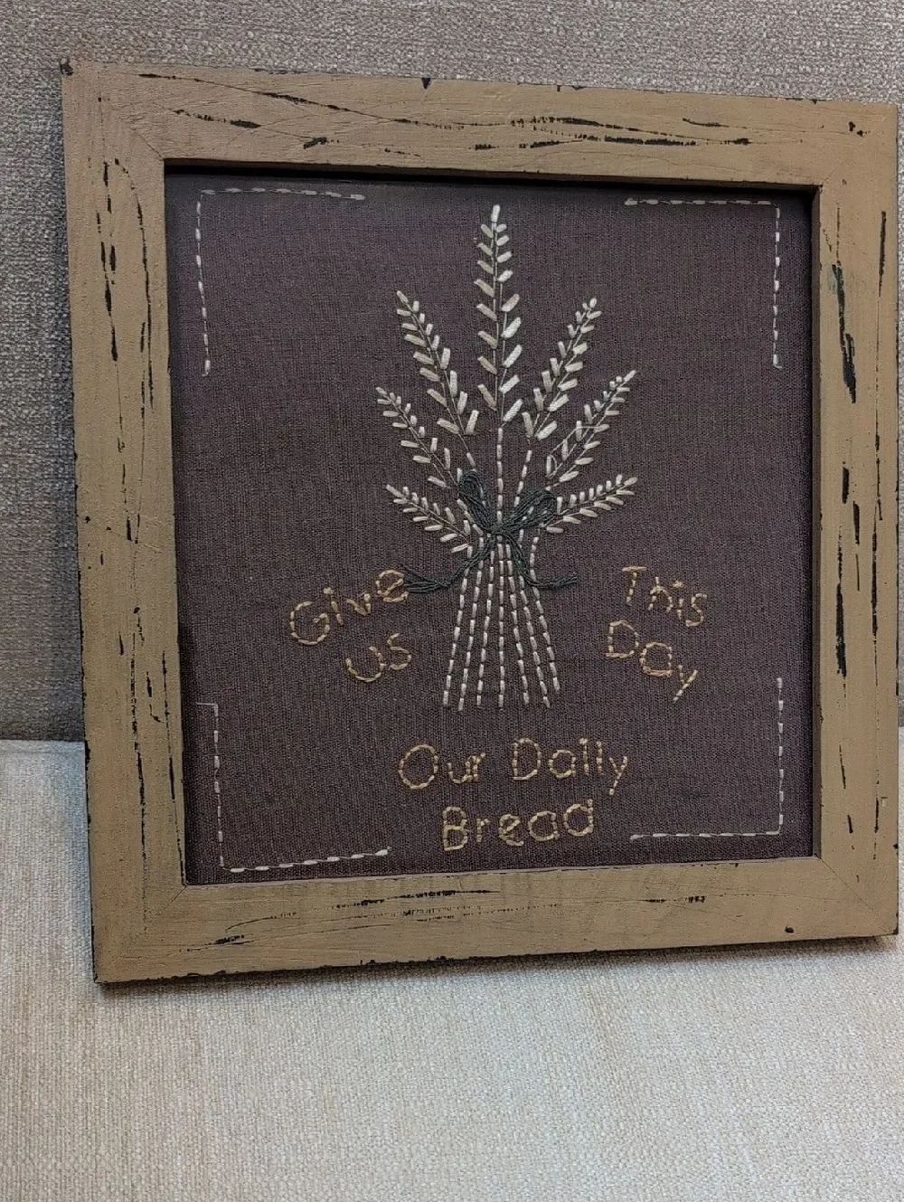 Embroidered 'Give Us This Day Our Daily Bread' Framed Wheat Wall Art Farmhouse